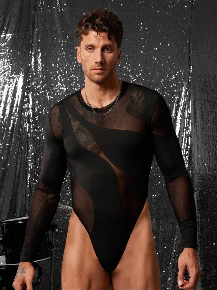Uptown Funky Men's Semi-Sheer Crew Neck Long Sleeve Sexy Bodysuit